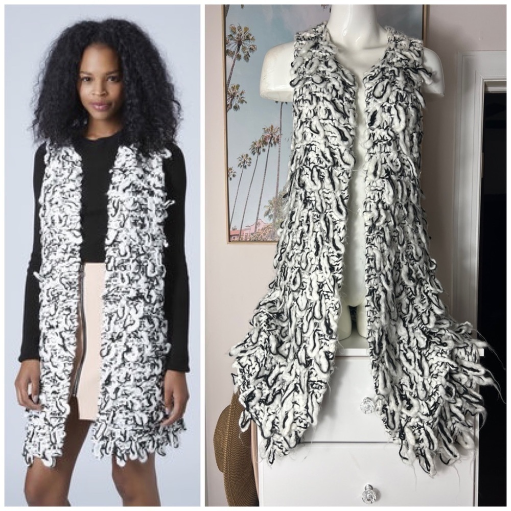Topshop Black White Chunky Loopy Knit Long Vest Gilet Size L